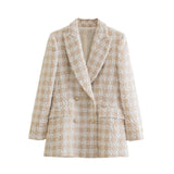Kukombo Women Fashion Texture Double Breasted Woolen Check Blazer Coat Vintage Long Sleeve Pockets Female Outerwear Chic Veste