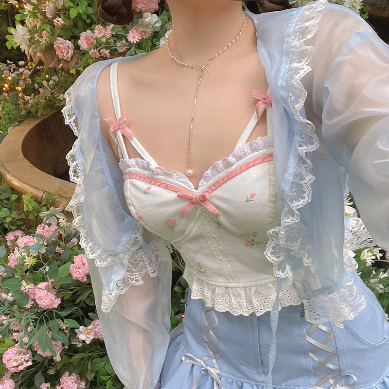 Kukombo Summer Floral Kawaii Halter Tops Women White Backless Sexy Beach Sweet Cute Tanks Lace Print Party Korean Fashion Clothing K107