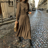 Christmas Gift BGTEEVER Elegant Long Sleeve A-line Dress Women Mid-Long Loose Dress Female Vintage Turtleneck Spring Dress Vestidos Femme Robe