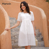 Christmas Gift Marwin Long Simple Casual Solid Hollow Out Pure Cotton Holiday Style High Waist Fashion Knee-Length Summer Dresses NEW Vestidos