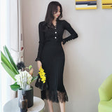 Christmas Gift Spring Autumn Black Sweater V-Neck Stitching Lace Elegant Long-Sleeved Knitted Top + Elastic Waist Skirt Suit