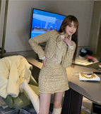 Kukombo Two-Piece Set Women 2022 Winter Elegant Temperament Gold Silk Thread Woven Pocket Tweed Jacket + High Waist Skirts Suit Female