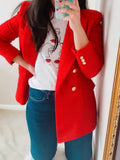 Christmas Gift Elegant Red Double Breasted Tweed Jacket Women 2021 Fashion Pockets Turn-down Collar Coats Female Chic Outerwear