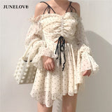 Kukombo  2022 New Women Vintage Polka Dot Drawstring Draped Bodycon Mini Dress Romantic Lady Puff dress V Neck Party Sexy Dress