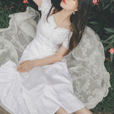 Kukombo Elegant Fairy Dress Women White French Puff Sleeve Chiffon Dress Korean Japan Style Sweet Vintage Retro Summer Dress 2022