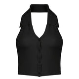 Kukombo Streetwear Fashion Striped Halter Knitted Vest For Women Sexy Backless Slim Outfits Female Tank Tops Autumn Ladies
