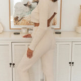 Christmas Gift Knitted Ribbed Cropped Backless Women's Suits Autumn Long Sleeve Pullover Female Set 2021 New Casual Ladies Pants 2 Piece Sets