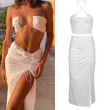Kukombo Party Night Club Wear Women Set Summer Fashion Sexy Sleeveless Halter Crop Top Slim Long Drawstring Skirt With Slit