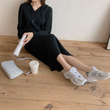 Kukombo New 2022 Autumn Winter Women Dresses V-Neck Hooded Korean Knitting Oversize Elegant Vintage Lady Long Dresses DR6022