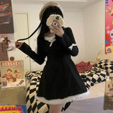 Kukombo Winter Black Lolita Mini Dress Women Casual Fur Party Kawaii Clothing Female Korean Fashion Bow Sweet One Piece Dress 2022