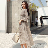 Christmas Gift BGTEEVER Vintage Single-breasted V-neck Floral A-line Women Dress 2021 Autumn Full Sleeve Slim Elastic Waist Midi Female Dress