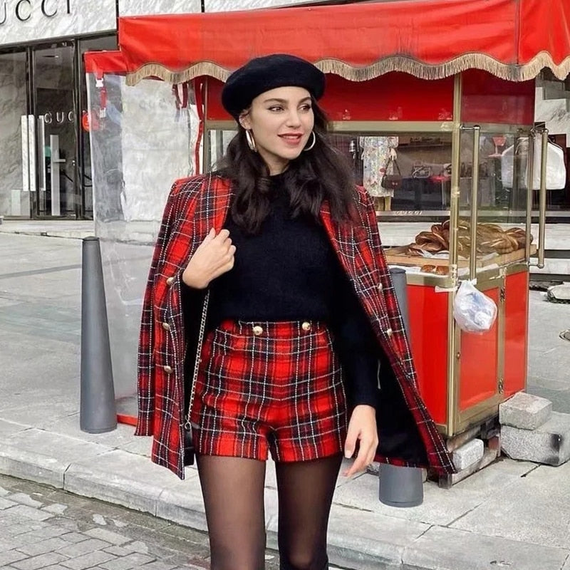 Kukombo Double Breasted Tweed Plaid Vintage Winter Blazer Shorts Sets Coat Red Checked Autumn Thick Two Pieces Suits Outfit