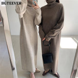 Christmas Gift BGTEEVER Casual Thicken Warm Women Knitted Dress Full Sleeve Loose Turtleneck Female Sweater Dresses 2021 Autumn Winter Vestidos