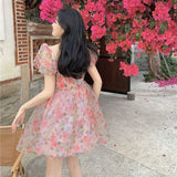 Kukombo  Floral Sweet Princess Dress Women Vintage Puff Sleeve Sexy V-Neck Mini Dress Female Evening Party Korean Fairy Dresses 2022 Y2k