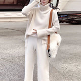 Sweater Set Women Tracksuit Spring Autumn Knitted Suits 2 Piece Set Warm Turtleneck Sweater Pullovers Wide Legs Pants