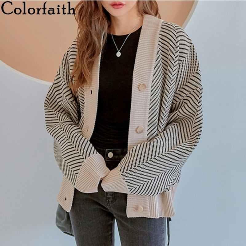 Christmas Gift New 2021 Women's Autumn Winter Sweater Fashionable Elegant Oversized Striped Cardigans Knitted Vintage Tops SWC1507JX