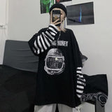 Kukombo Summer Tshirt Casual Letter Print O-Neck Stripe Tees Creativity Loose T-Shirts Women Long Sleeve Oversize Top Hip Hop Streetwear