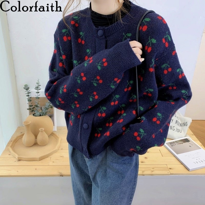 Christmas Gift New 2021 Autumn Winter Women's Knitwear Knitted Button Cardigans Embroidery Floral Oversize Vintage Lady Tops SWC8052