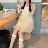 Kukombo Kawaii Sweet Dress Women Korean Style Cute Princess Bow Lace-up Dress Bubble Sleeve Casual Holiday Party Dress 2022 New