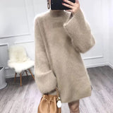 Kukombo Autumn Winter Long Turtleneck Sweater Women Loose Lazy Oaf Flare Sleeve Fluffy Synthetic Mink Cashmere Sweater Knitted Jumpers