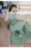 Kukombo Mori Girl Green Gentle Fairy Summer Chiffon Dresses Puff Sleeve Square Neck Elegant French Retro Floral Dress Vestidos De Fiesta