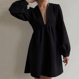 Christmas Gift Msfancy Summer Black Mini Dress Women 2021 Elegant Deep V-neck Tunic Vestido De Mujer Korean Fashion Lantern Sleeve Robe