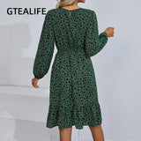 Kukombo Green Women Autumn Winter Dalmatian Print Ruffle Hem Midi Elegant Dress Boho O Neck Long Sleeve Beach Party Dresses