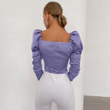 Kukombo Vintage Puff Sleeve Satin Shirt Elegant Women's Blouse Square Collar Folds Slim Crop Tops Autumn Sexy Chic Party Shirts