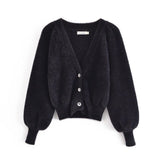 TRAF ZA Fashion Knitted Suit Vintage Cardigan Top Furry Single-breasted Coat Elastic High Waist Shorts Knitted Three-piece Suit