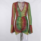 Kukombo Women Autumn Long Sleeve V Neck Printed Bodycon Gradient Sexy Mini Dress Fall Clothes Items