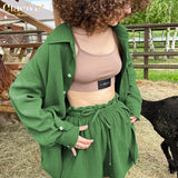 Kukombo Elegant Solid Sets For Women Casual Long Sleeve Blouse Shirts High Wasit Lace-Up Two Piece Short Set Fashion Home Suit