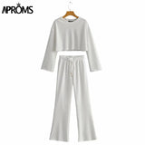 Christmas Gift Aproms White Black Knitted Women's 2 Piece Suits Casual Flare Sleeve Cropped Top and Pants Set Female High Waist Homesuits 2021