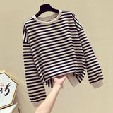 Christmas Gift Autumn Striped Knitted Hoodies Sweatshirts Women Casual Gentle Long Sleeve Loose Pullovers Patchwork O-Neck Collar Tops