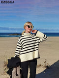 Christmas Gift 2021 striped oversize Turtleneck Sweater for Women female Knitted casual split side Long Sleeve loose sweater