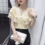 Kukombo Christmas Gift Summer New French Tops Ruffle Stitching Shirt Female V-neck Hollow Lace Blouse Women Short Sleeve Crochet Blouse