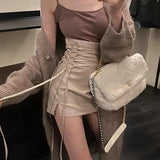 Kukombo  Fashion Women Ladies Skirt Spring Autumn Solid Color Sexy Clubwear Mini Skirt High Waist Lace-Up Pencil Cross Skirt For Women