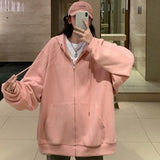 Kukombo With Hat Hoodies Women Zip-Up Spring Autumn Front Pocket Loose Korean Style Trendy Casual Students Elegant Chic All-Match Coats