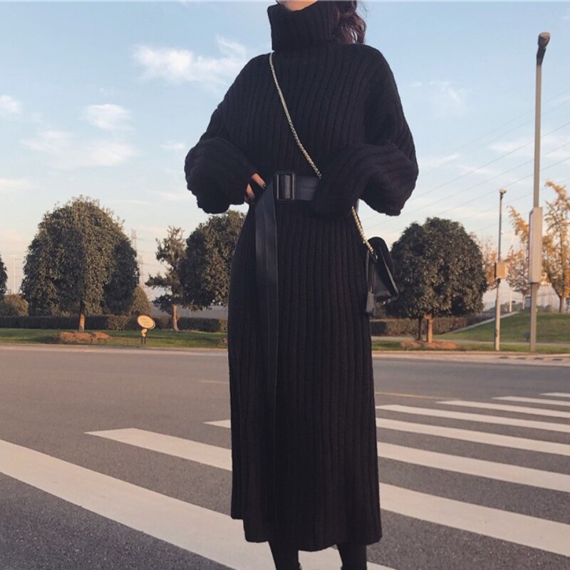 Christmas Gift Elegant Turtleneck Thicken Warm Loose Women Knitted Dress Solid Casual Vestidos Femme Autumn Winter Straight Sweater Maxi Robe
