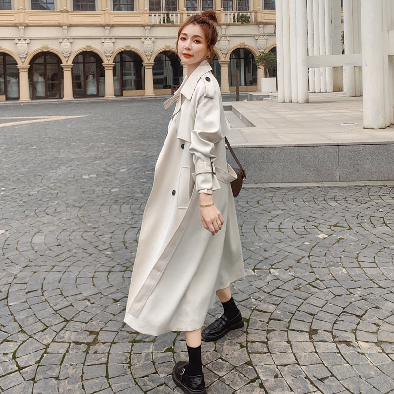 Christmas Gift Brand New Fashion Women Trench Coat Beige Long Double-Breasted with Belt Spring Autumn Lady Duster Coat Female Outerwear Quality