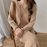Kukombo New 2022 Autumn Winter Women Dresses V-Neck Hooded Korean Knitting Oversize Elegant Vintage Lady Long Dresses DR6022