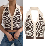 Kukombo Streetwear Fashion Striped Halter Knitted Vest For Women Sexy Backless Slim Outfits Female Tank Tops Autumn Ladies