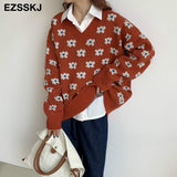 Christmas Gift oversize blue floral Sweater Pullovers Women winter autumn thick v-neck chic 2021 sweater long sleeve sweater top