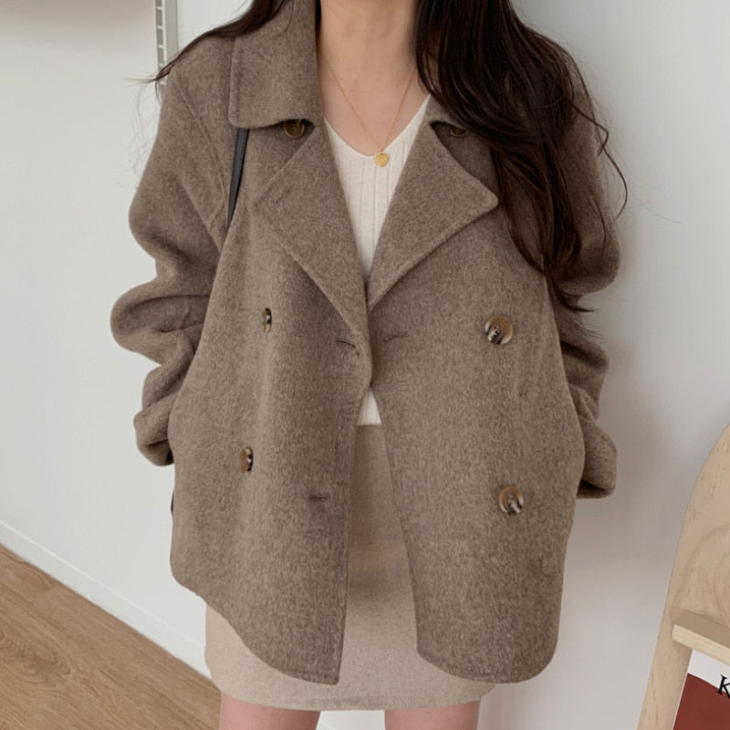 Christmas Gift 2021 New Fashion Women Elegant Double Breasted Long Sleeve Wool Coats Autumn Winter Chic Casual Solid Color Outerwear