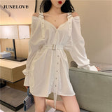 Kukombo Summer Vintage Shirts Strapless Women Blouse Black Tops With Belt Casual Long Shirts Off The Shoulder Top Shirt