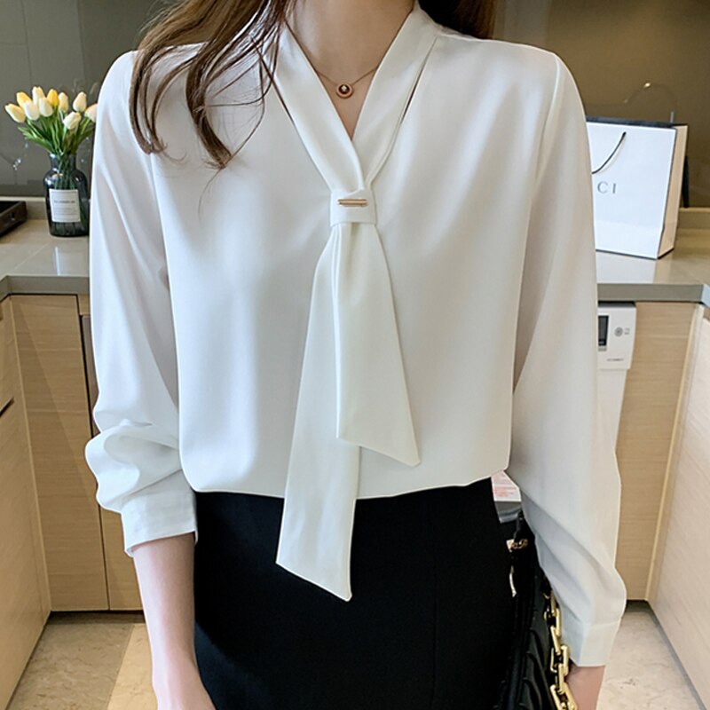 Kukombo 2022 Office Long Sleeve White Woman Shirt Korean Chiffon Women Blouse  with Tie Fashion Tops V Neck Loose Female Clothing 13022