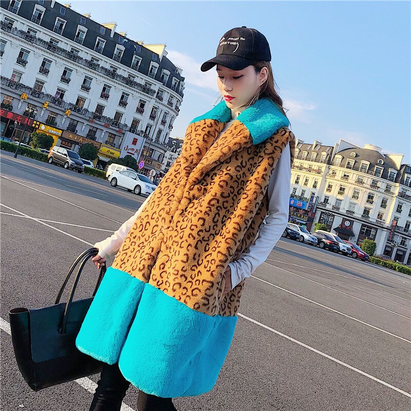 Christmas Gift Women's coat winter 2021 new fur warm shoulder imitation fur medium length velveteen warm leopard print fashion fur vest