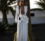 Kukombo Sexy Lace-Up Blazer Two Piece Pants Set Women Elegant Loose Satin Wide Trouser Suits Female Fashion High Waist Pants Set
