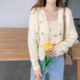 Kukombo  2022 Autumn Urban Casual Korean-Style Women's Wear V-Neck Slim-Fit Embroidered Flower Two-Pieces Knitted Sweater Cardigan