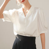 Christmas Gift white shirt women summer short sleeve v-neck shirt lantern sleeve tops 9136#