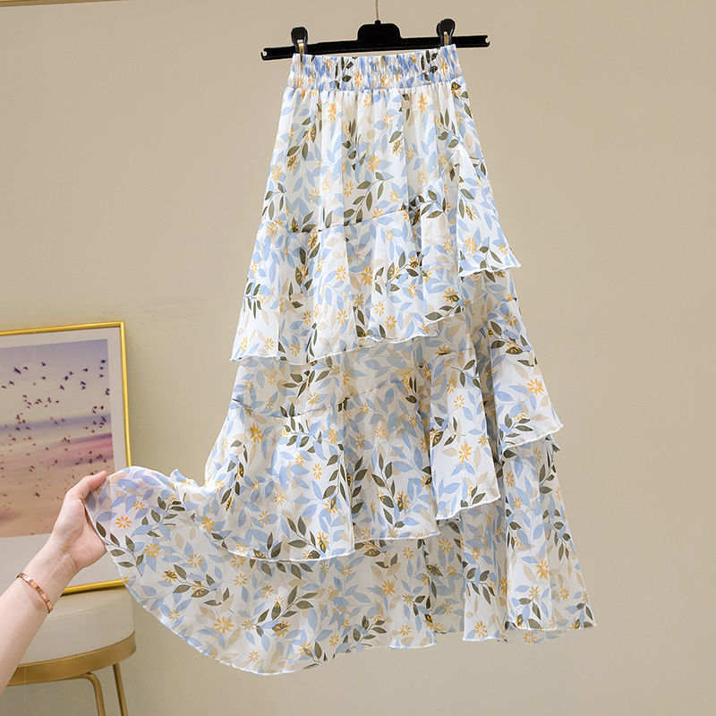 Kukombo Hot Sale Floral Skirt Women New Summer Sweet Ruffled A-Line Chiffon Long Skirt Woman Korean Clothing